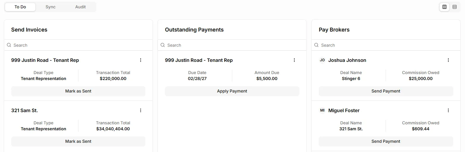 Accounting board with invoices to send, outstanding payments to apply, and brokers to pay