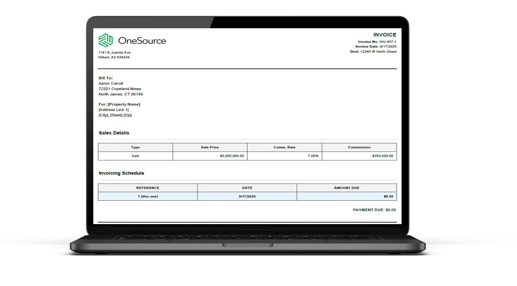 Commission invoice generated by OS Back Office, shown on a laptop