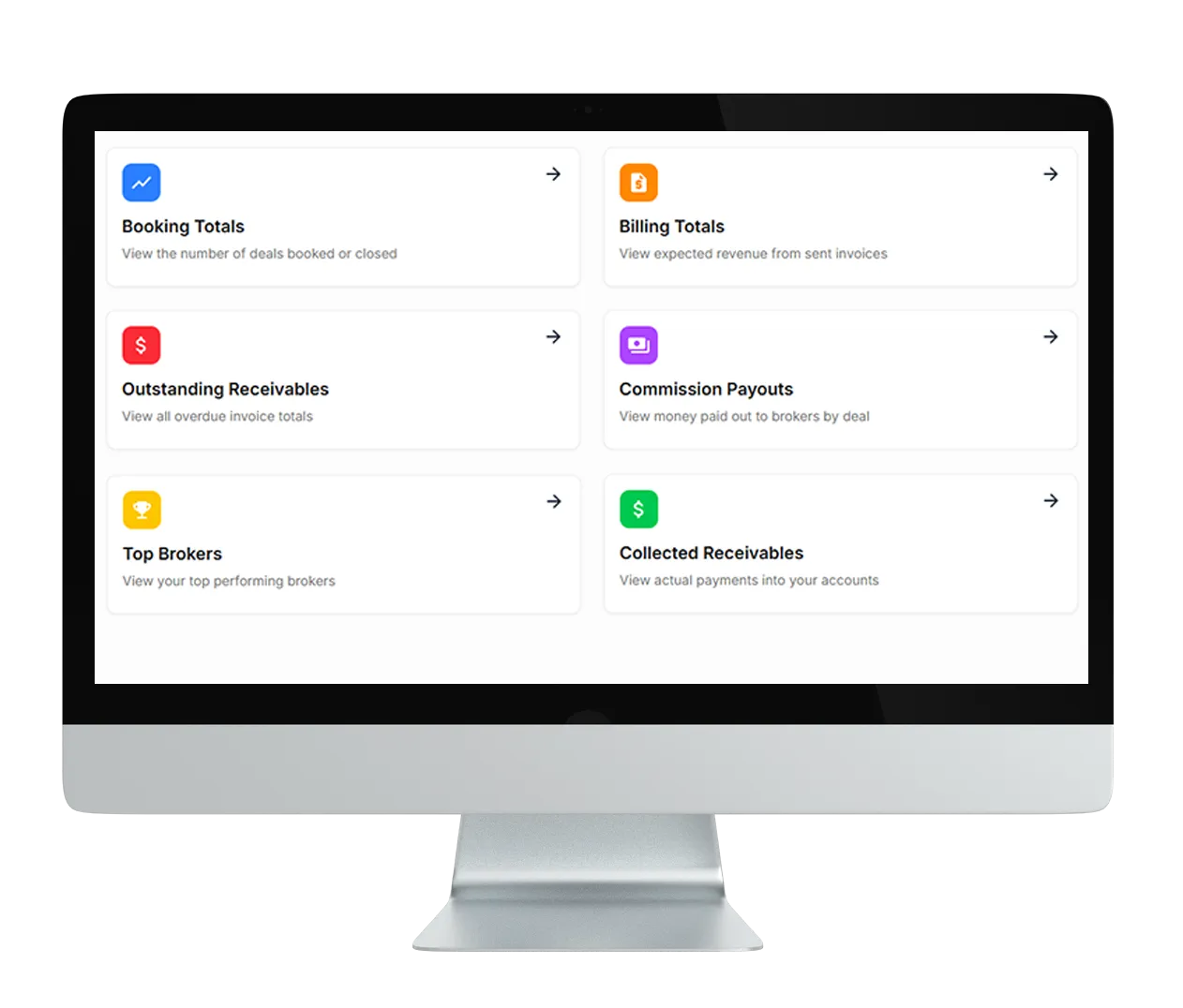OS Back Office reports dashboard on a desktop monitor: booking totals, billing totals, receivables, commission payouts and top brokers