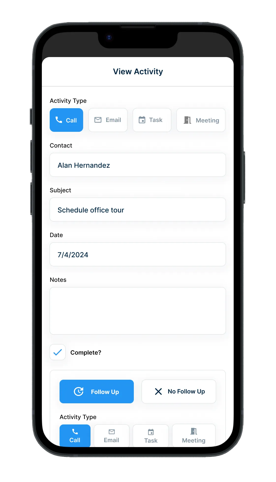 Logging a completed call and scheduling a follow-up in the mobile app