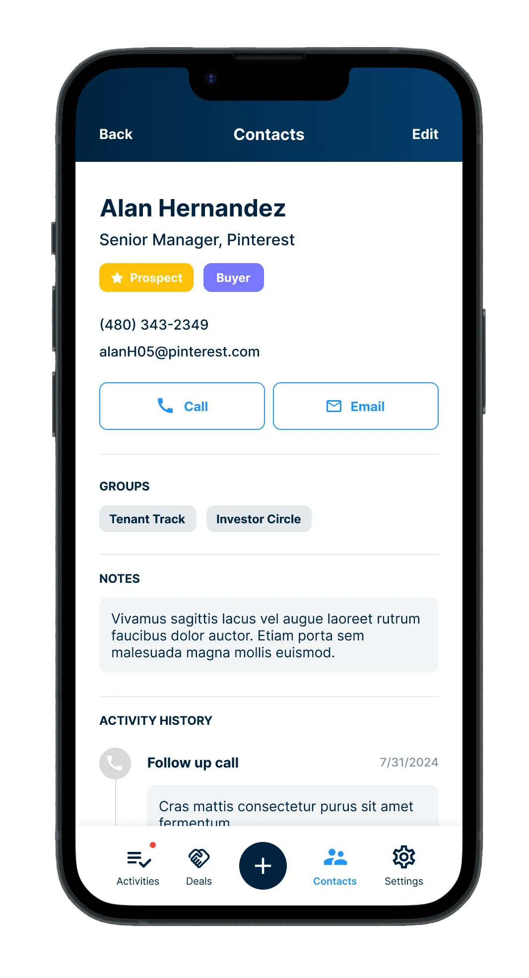 Contact record in the mobile app with call and email buttons, groups, notes and activity history