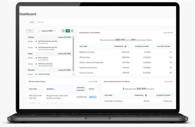 Deal View dashboard on a laptop showing upcoming key dates and the largest deals in the pipeline