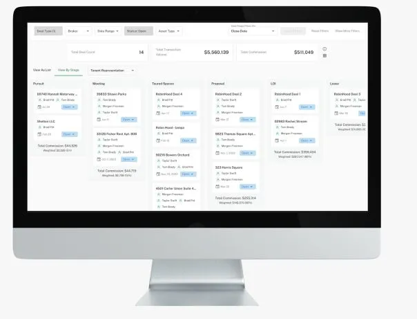 Deal View pipeline board on a desktop monitor with deals organized by stage