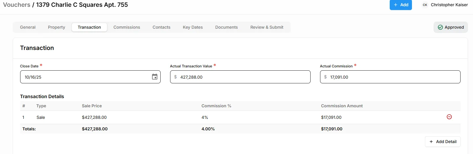 Approved deal voucher showing close date, transaction value and commission details