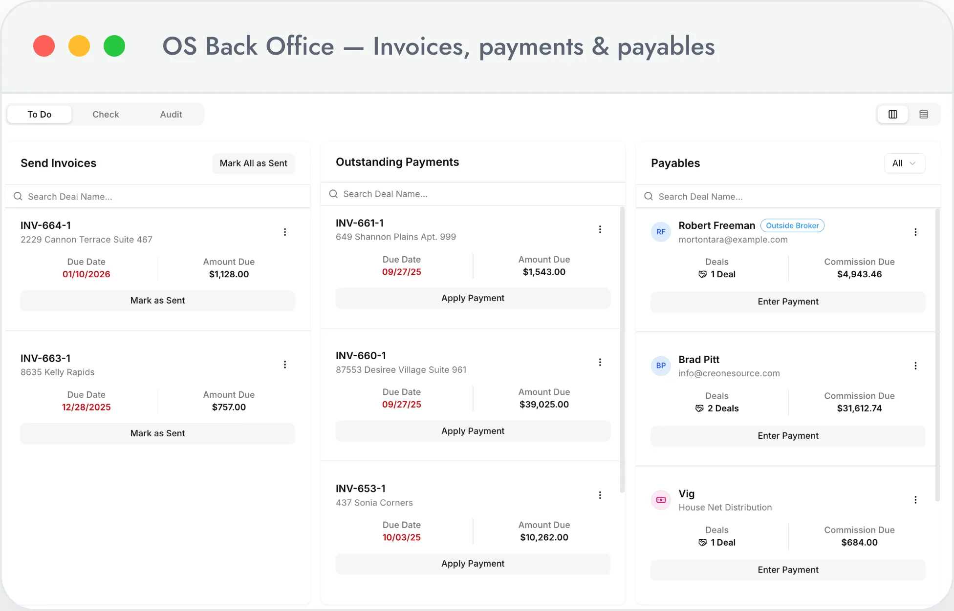 OS Back Office screen with invoices to send, outstanding payments, and broker commission payouts