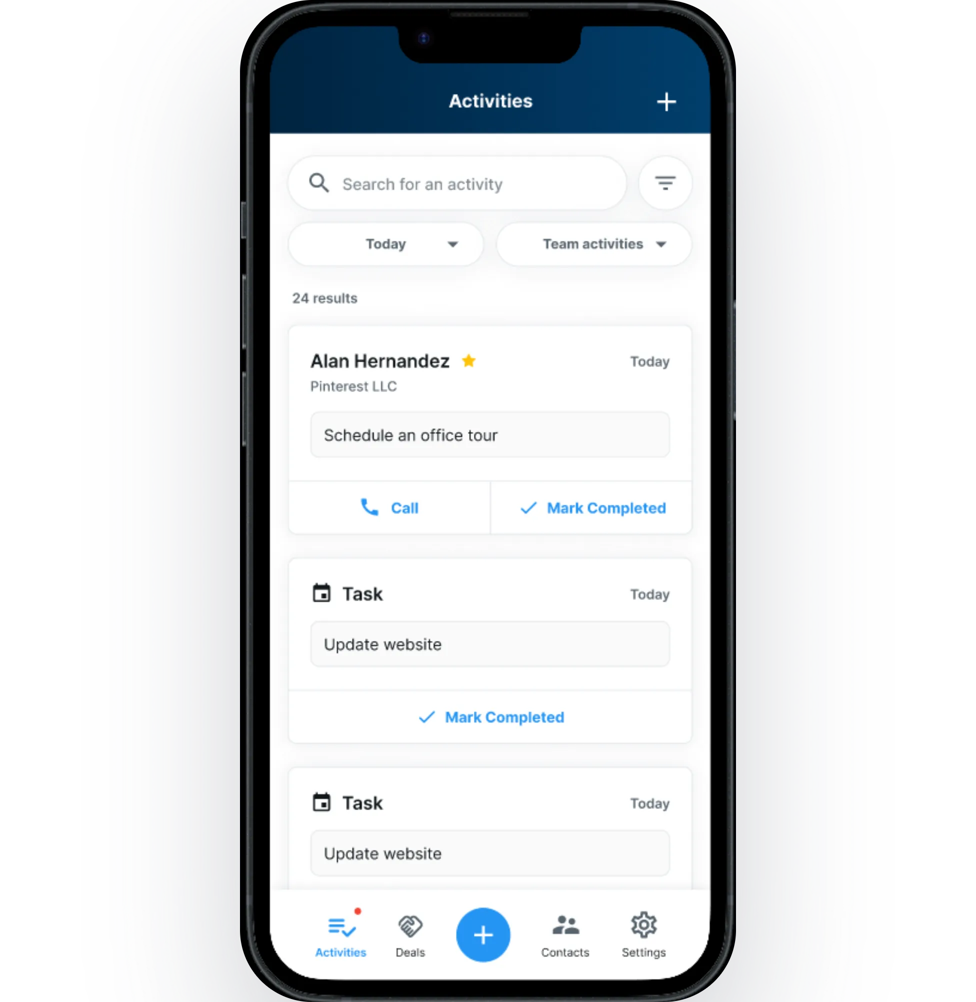 CRE OneSource mobile app showing today's activities with one-tap Call and Mark Completed buttons