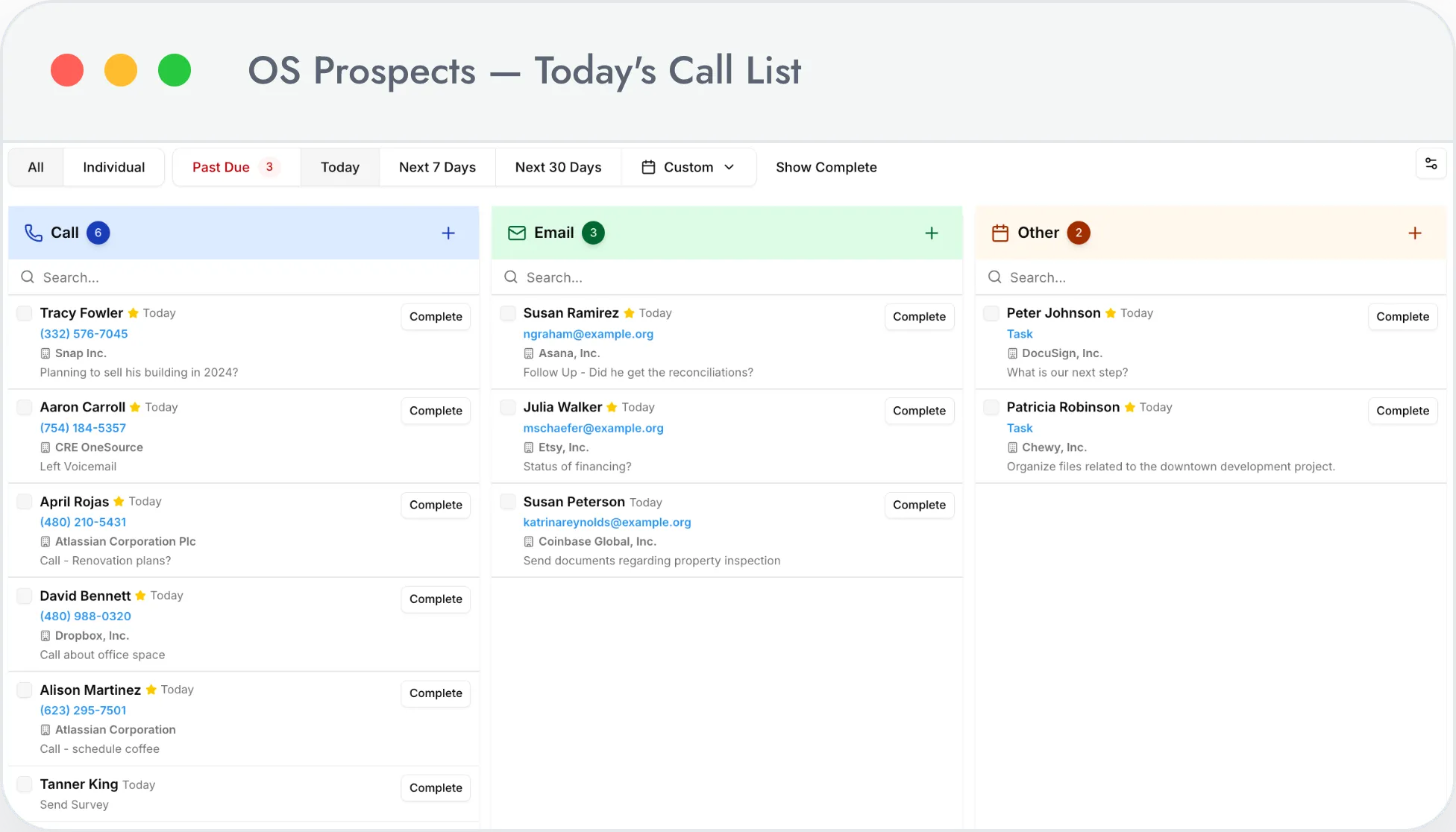 OS Prospects screen showing a broker's prioritized daily call list and follow-ups